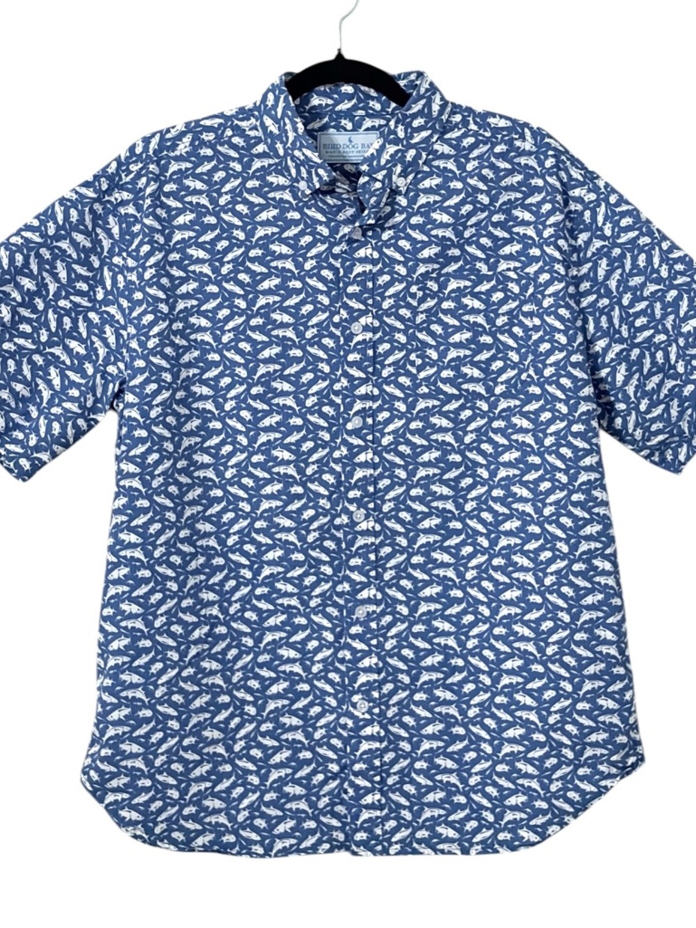 Bird Dog Bay Fish Print Button Down Shirt Men's L Blue Short Sleeve Cotton